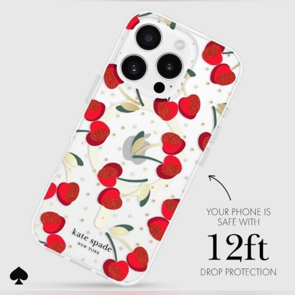 Kate Spade iPhone 16 Pro Max Protective Case - Red Cherry Print w/ Glitter ✨